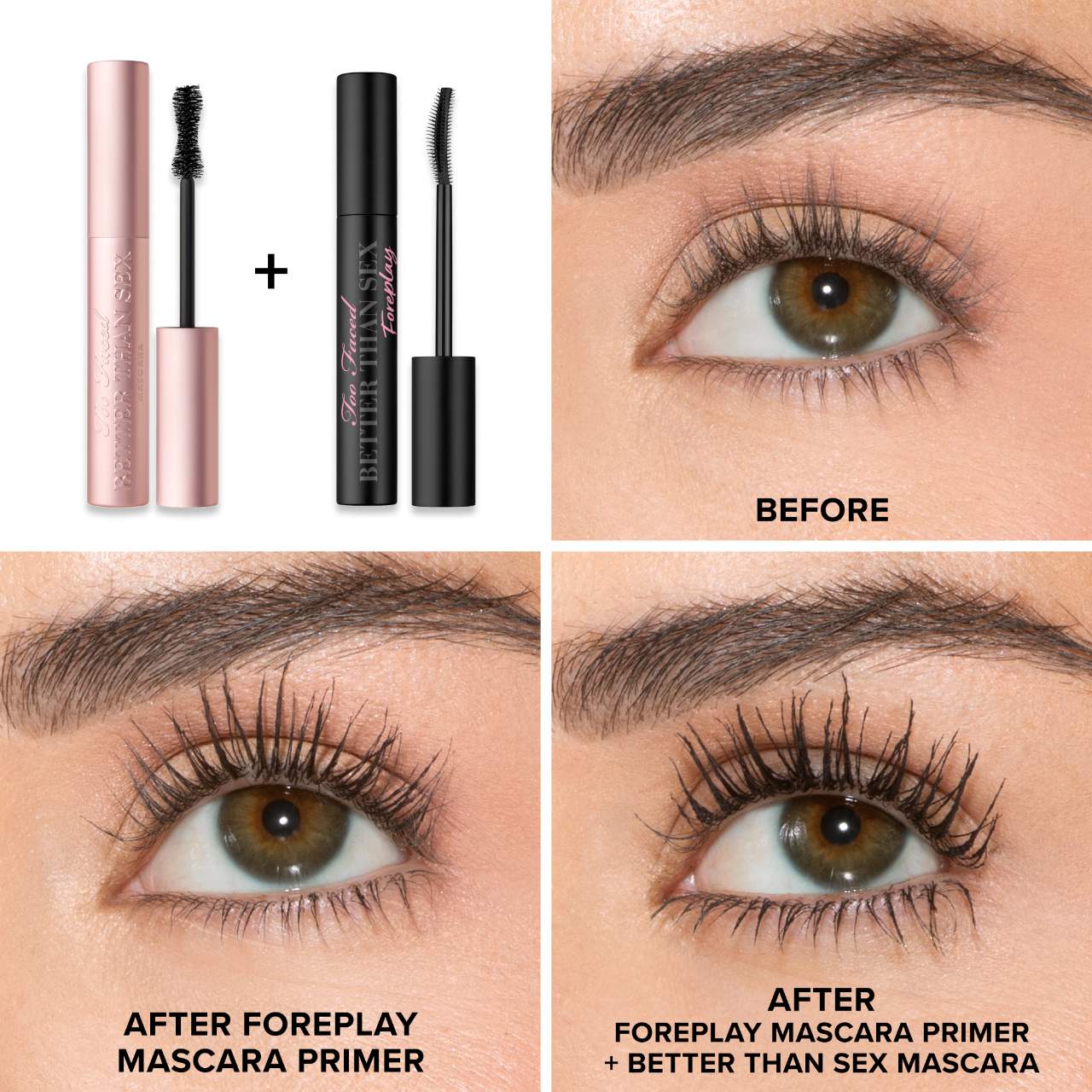 Too Faced Set Better Than Sex Pestañina + Primer  Better Than Sex Foreplay.